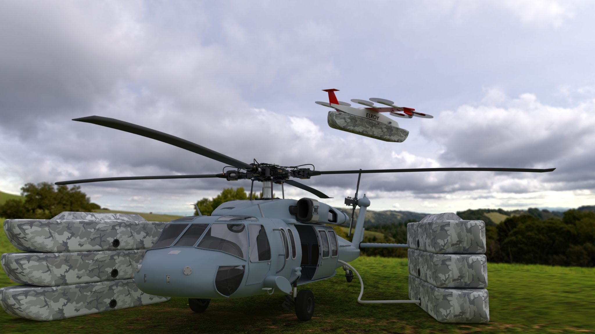 A photorealistic aerospace concept showing an unmanned aircraft operating with a helicopter