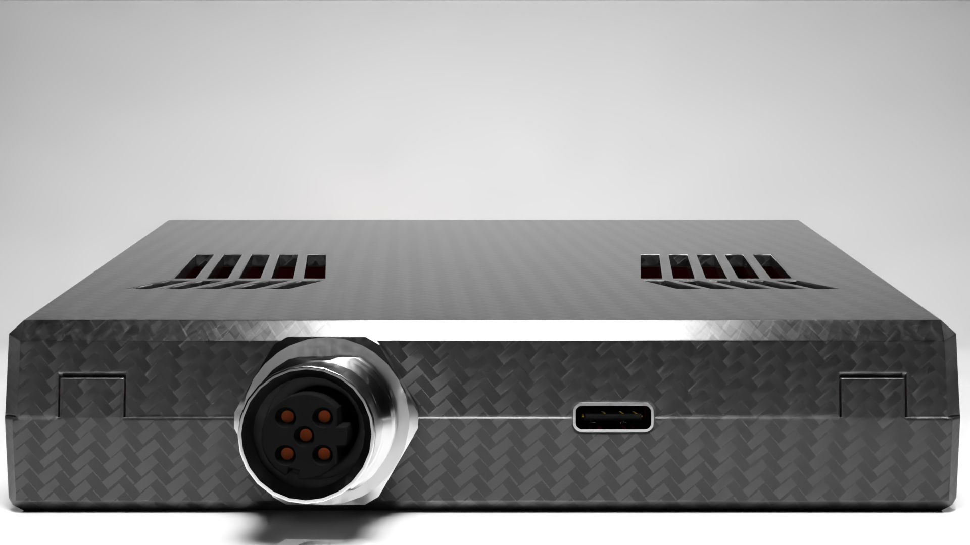 Studio render of a carbon-fiber-textured LightLinks enclosure showing its connector and USB interface
