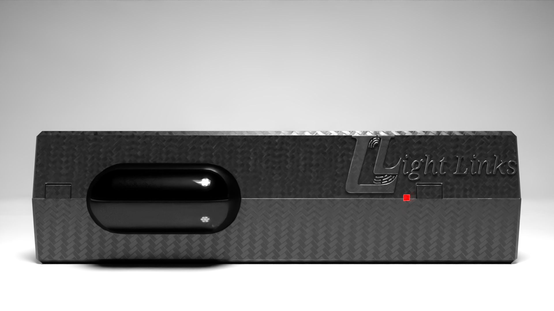 Front studio render of the LightLinks enclosure with a dark carbon-fiber texture and illuminated detail