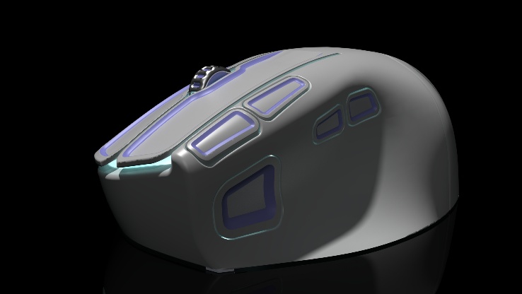 A dark sculpted computer mouse with illuminated purple controls