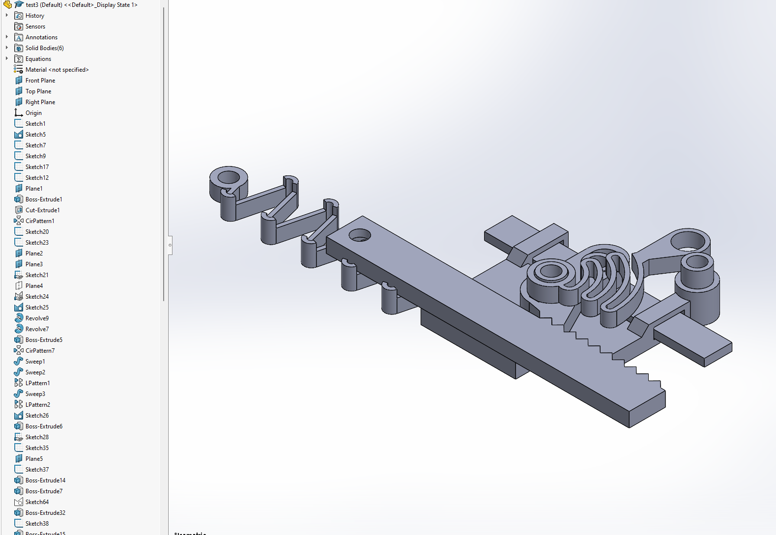 An exploded SOLIDWORKS view of a parameter-driven ratchet and spring mechanism