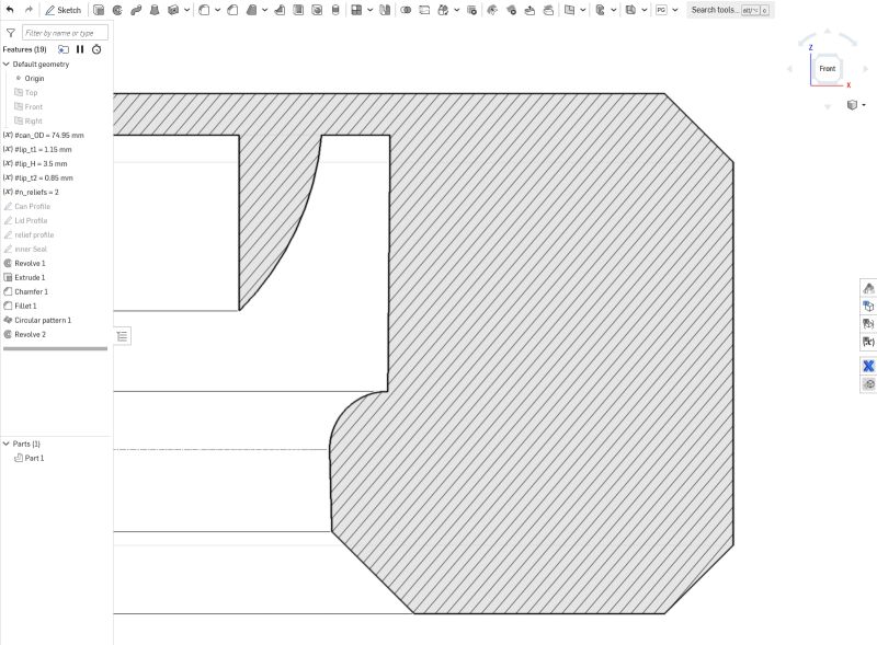 Close SOLIDWORKS section view of the can lid retention profile