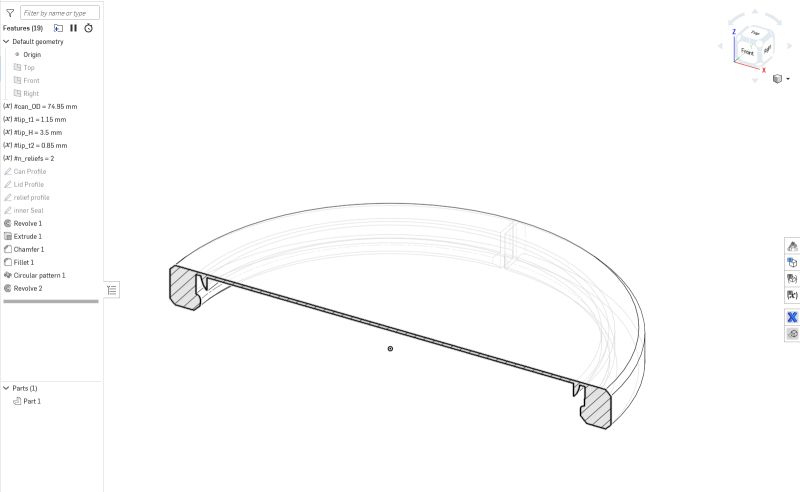 SOLIDWORKS section view of a flexible can lid retained around a rolled can rim