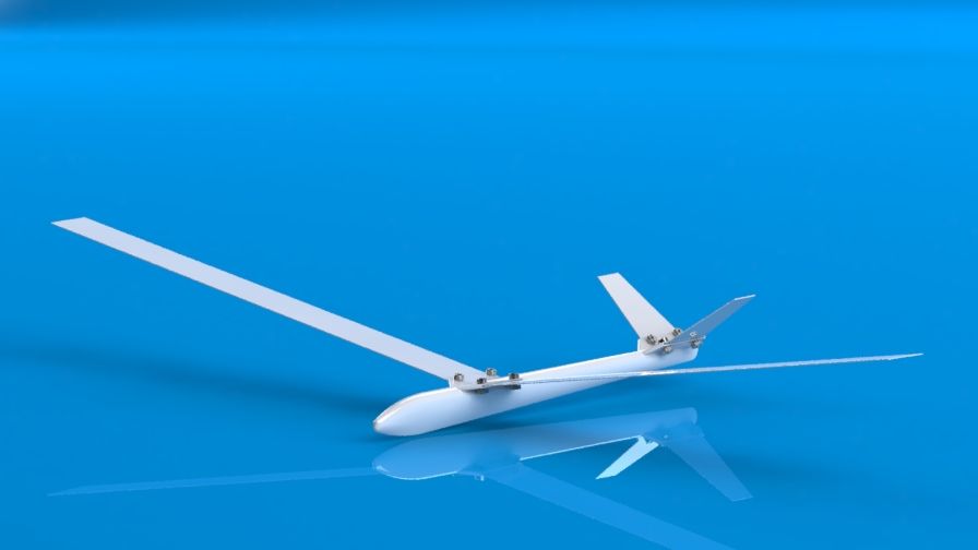 SOLIDWORKS render of a long-wing parametric glider on a blue background