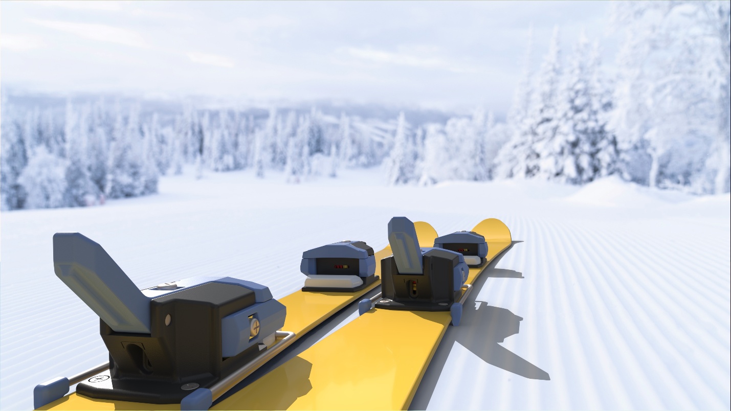 A rendered pair of yellow skis fitted with Talon binding concepts
